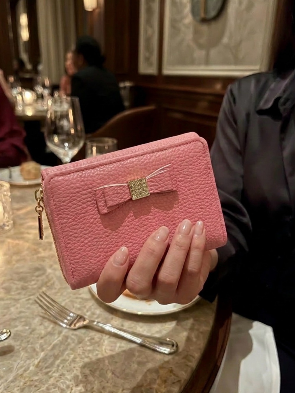 Pink Bow Accent Pebbled Zip Wallet